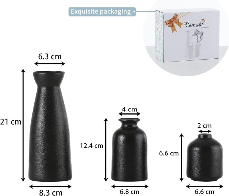CEMABT Black Ceramic vase Set-3 Small Flower vases for Decor,Modern Boho Farmhouse Home Decor,Decorative vase for Pampas Grass&Dried Flowers,idea Shelf,Table,Bookshelf ，Entryway- Distressed - Image 3